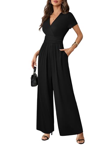 LOOKBOHO Women Dressy Casual Jumpsuits Elegant High Waist Side Ruched Romper Summer Short Sleeves Wide Leg Pants