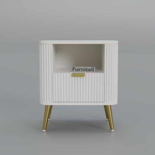 Image of Premium HDMR Wood Bedside Table with 1 Drawer & Open Storage Shelf, Fluted Nightstand with Golden Legs for Bedroom, Modern End Table, for Living Room, White Finish (18 x 14 x 18 Inch)