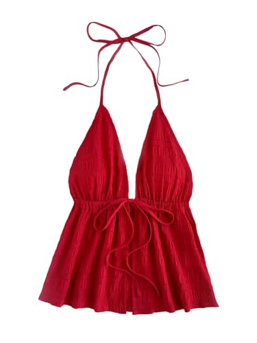 SOLY HUX Women's Plus Size Halter Tops Y2k Tie Front Peplum Split Summer Going Out Cami Top Beachwear