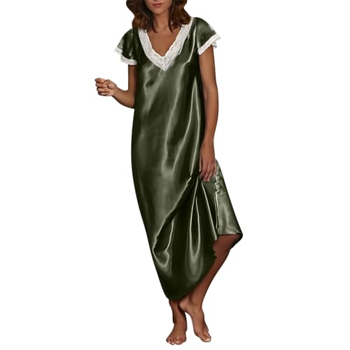 Camisón de satén con cuello de pico, sexy, largo, con ribete de encaje, monocolor, vestido de noche, camiseta ligera, ropa de dormir, camisón suelto, bata para el hogar, AG., XXL