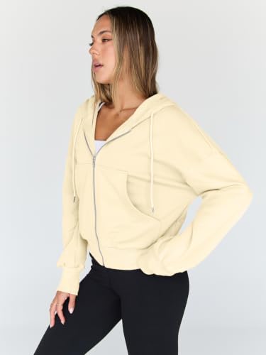 Image of Trendy Queen Womens Zip Up Hoodies Cropped Jackets Fall Outfits 2026 | lightweight comfort material, slouchy drop shoulder, casual travel winter clothes with pockets, airport workout athletic