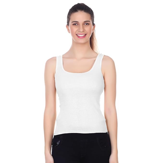 Women's Classic White Tank Top, Cotton Sleeveless Scoop Neck Casual Wear Free Size White-picture-18