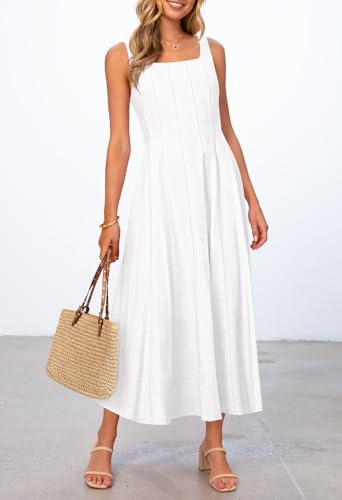 MEROKEETY Women's 2025 Summer Sleeveless Midi Dress Square Neck Smocked Flowy A Line Beach Dresses4