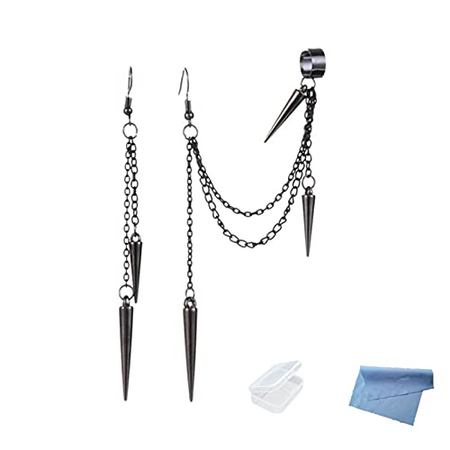 XHBTS Black Punk Long Tassel Chain Ear Cuff Earrings Stainless Steel Vintage Barrel Nails Crawler Climer Dangle Drop Earrings for Men Women Unisex with Mini Cloth and Mini Box (Black)