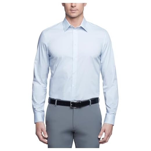 Calvin Klein Camisa social masculina não precisa passar a ferro com estampa slim fit, Mist, 17" Neck 34"-35" Sleeve