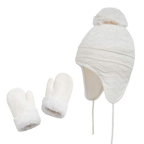 Kids Hats And Gloves Set Girls Toddler Baby Winter Hat Mitten Knit Earflap Beanie Warm Fleece Cap White #TOP7