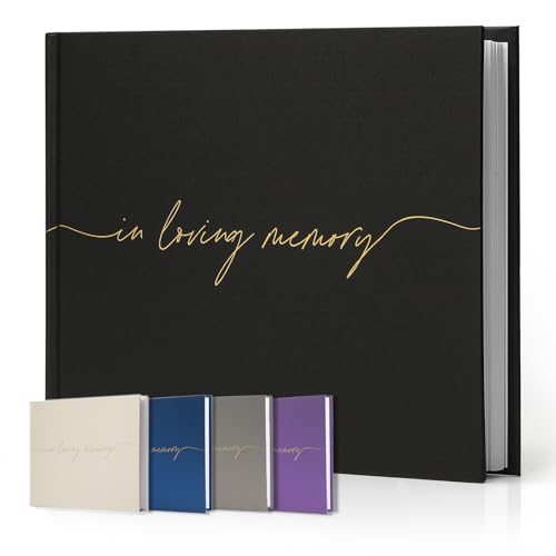 Image of Funeral Guest Book for Memorial Service, in Loving Memory 9x7.5 | 320 Entries, Table Sign Card Included, Gold Stamping, Twill-Textured Paper Cover, Celebration of Life Keepsake, Black
