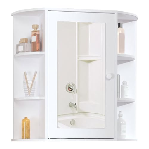 USO VERSATILE: Questa specchiera bagno portaoggetti ti permette di riordinare tutti i tuoi oggetti in un attimo. La struttura è dotata di diversi ripiani per saponi, asciugamani e profumi, con al centro un pratico specchio per la tua routine mattutina