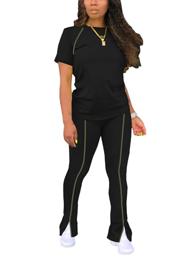 Image of STOLKISS Women 2 Piece Outfits Summer Workout Sweatsuit Striped Short Sleeve Long Flare Pants Casual Travel Tracksuit