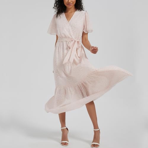 Image of Women's Summer Bohemian Floral Chiffon Dress Cap Sleeve V Neck Ruffle Long Flowy Boho Casual Vacation Dresses