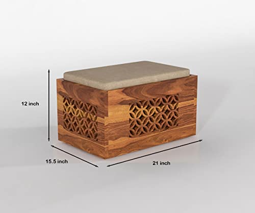Image of Sheeshsam Wooden Coffee Table with 4 Stools for Living Room - Solid Wood Coffee Table with Cushion Seating Stools Tea Table Teapoy Center Piece for Home Sofa Center Table (Norris Honey)