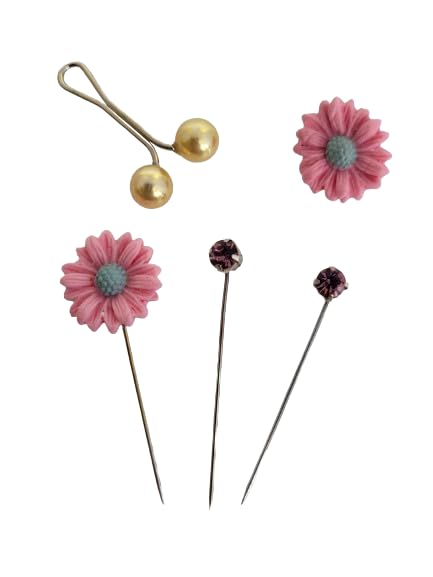 Image of Stainless Steel Hijab Pin Set - 5-Piece Collection Including Scarf Pin, Brooch, Hijab Clip, and Needle Pins with Plastic Flower Heads - Pink Floral Design - Strong No-Hole Hijab Clip Included