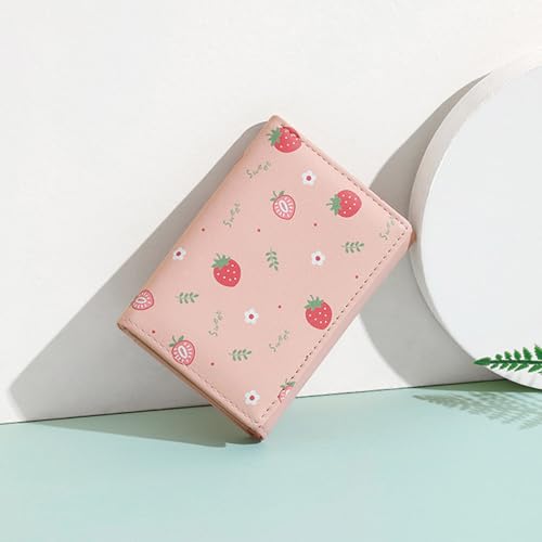 Women Girls Wallet Cute Strawberry Wallet Small Tri-Fold PU Leather Wallets Women Purse Short Trifold Wallets Cash Card Holder Bag (Pink)2