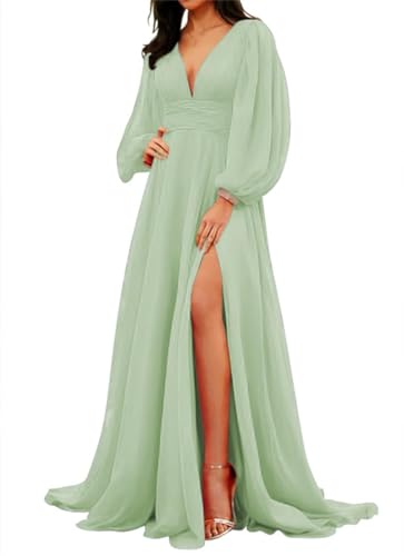 Damen Brautjungfernkleider mit tiefem V-Ausschnitt, lange Ärmel, plissiert, Wickelkleid, formelles Kleid mit Schlitz, salbeigrün, 52 Plus