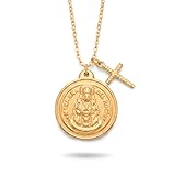 Collar con Medalla de la Virgen del Rocío, Acero Inoxidable 316L, Colgante 2.5 cm, Cadena 45 cm, Acabado Dorado y Plateado, Joyería Religiosa Hipoalergénica (Medalla Virgen del Rocio con Cruz)