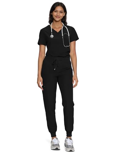 floralhue Scrubs for Women, Women's Medical Scrub Sets, V-Neck Scrubs Top & Cargo Pants with 12 Pockets, Black, M