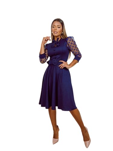 Vestido Midi Manga 3/4 Tule Poa Rodado Moda Evangélica (BR, Alfa, GG, Regular, Regular, Azul Marinho