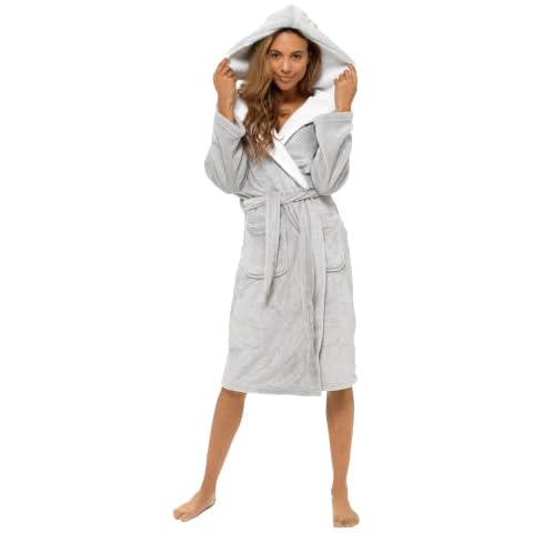 Best Deals Direct Ladies Hooded Shimmer Fleece Dressing Gown Robe Winter Warm (Medium, Grey) Cover