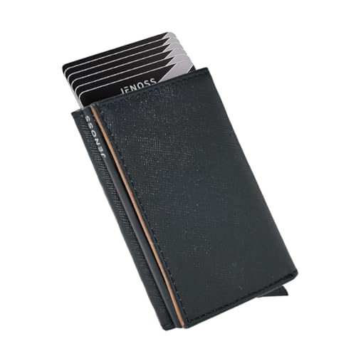 Jenoss Smart Wallet For Men: Full Grain Leather, Handcrafted, Slide Metal Pop Up Case, Slim RFID Blocking Credit Card Holder, Minimalist Compact 12 Cards Slot Organizers ID Money Clip (Black & Brown)