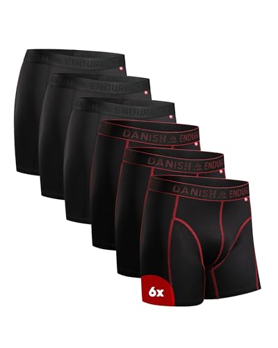 DANISH ENDURANCE Sports Boxers for Men, Dry Fit, Anti Chafing Mens Boxer Shorts Multipack, with Regular or Long Leg, 6 Pack, Multicolor (3x Black, 3x Black/Red Seams) XXXL
