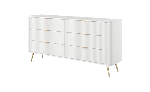 3E 3xE living.com Cómoda: 6 cajones, Blanca, 163,2 x 38 x 81,2 cm, frentes Redondeados y estriados.