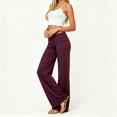 Image of Lounge Yoga Pants for Women Fold Over Low Waist Wide Leg Bell Bottoms