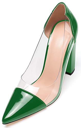 SAMMITOP Women's Chunky Heel Pumps Pointed Toe High Heel Transparent Dress Shoes3