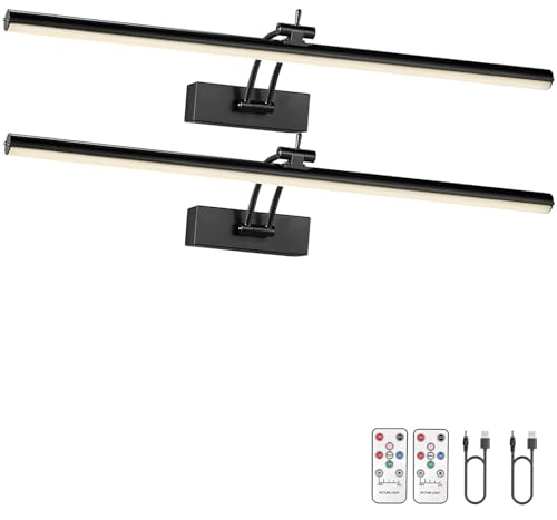 Yuichoy 2 Pack 24 inch Picture Light Battery Operated for Wall, Wireless Display Art Lighting for Painting with Remote, Dimmable 6400mAh Picture Frame Lights for Gallery, Black