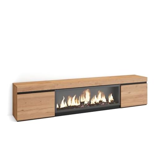 Skraut Home | Mueble TV | Televisión | Muebles de salón, almacenaje | 210 | para TV hasta 80" | Chimenea eléctrica XXL | Estilo Moderno | Roble