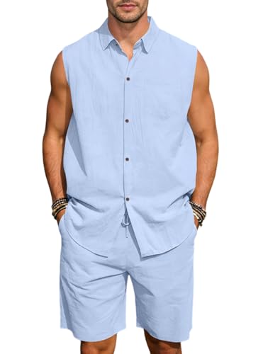 OLIPHEE Chándal Hombre 2 piezas Conjunto Lino Hombre Camisa Lino sin Mangas con Botones y Pantalones Cortos Verano Conjunto Hombres Casual Playa Vacacione Verano Deportivo Azul S (s)