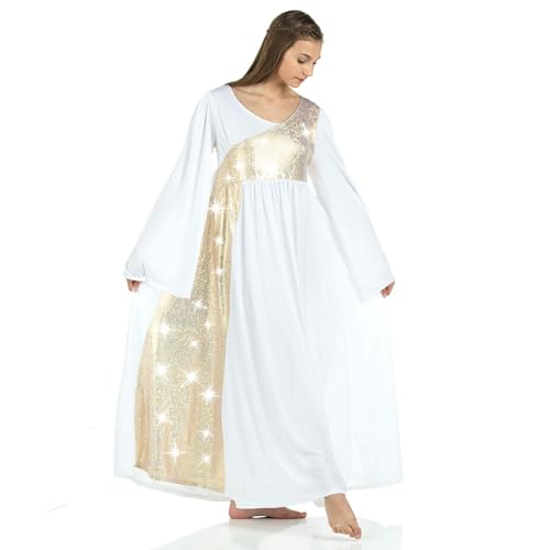 Danzcue Womens Shimmery Asymmetrical Bell Sleeve Dance Dress, White-Gold, 2XL