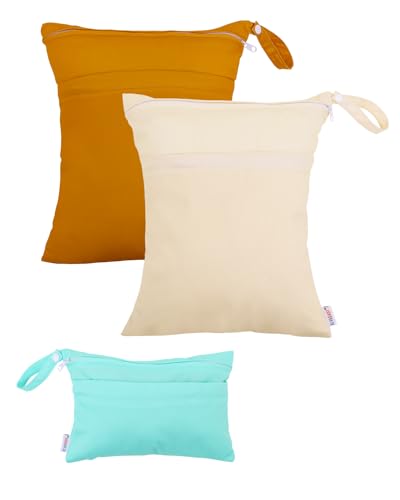 Image of ALVABABY 3 Cloth Diaper Wet Dry Bags Waterproof Reusable with Two Zippered Pockets Travel Beach Pool Daycare Soiled Baby Items Yoga Gym Bag for Swimsuits or Wet Clothes Small medium Large 3L-SML03