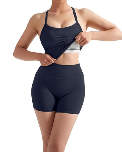 Image of SUUKSESS Women 2 Piece Workout Sets High Waisted Tummy Control Biker Shorts Halter Padded Tank Tops