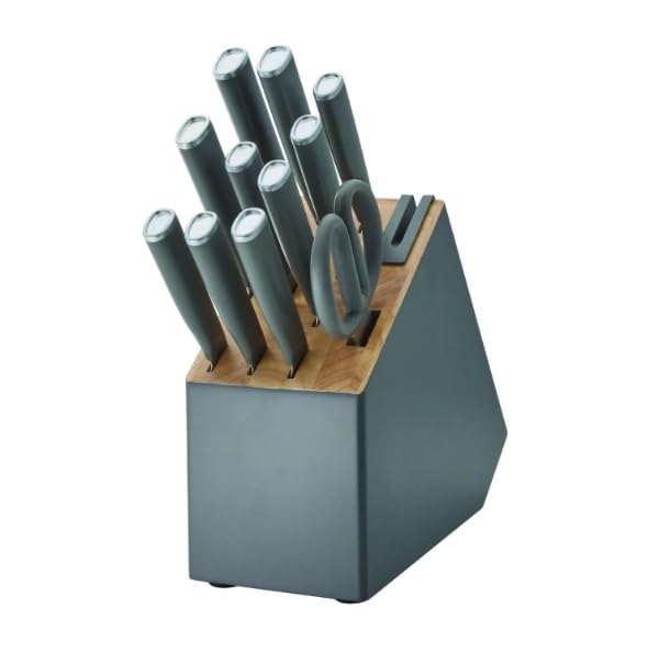12-Piece Steel Knife Block Set with Built-in Sharpener, Charcoal Gray Handles, Premium Kitchen Cutlery