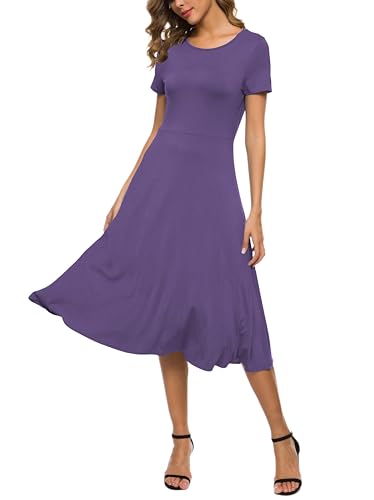 Image of EXCHIC Women's Casual Round Neck Short Sleeve Midi Dress Solid Stretchy Waist Knee Long Dress