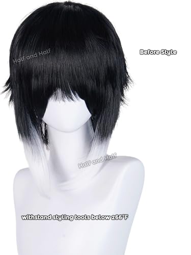 Image of Akutagawa Cosplay Wig Short Men's Black and White Anime Wig Black Male Cosplay Wig with Bangs for Women Halloween Party Costume