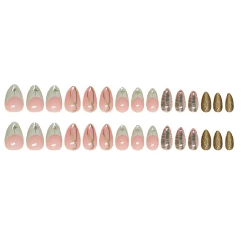 Image of Green French Tip Press on Nails Short Almond Fake Nails Gold Line False Nail with Design Star Glue on Nails Glossy Artificial Acrylic Nail Full Cover Nude Stick on Nail for Women Manicure 30Pcs