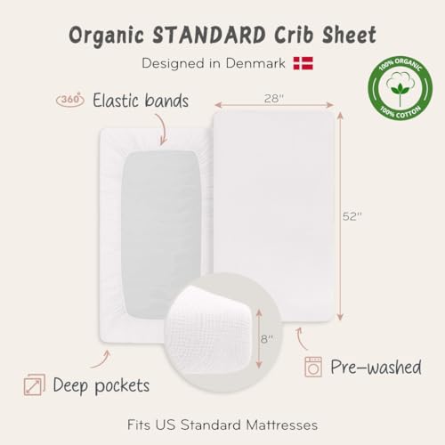 Image of Crib Sheets - Organic Cotton Muslin Fitted Crib Sheet - Standard Size for Baby Boy and Baby Girl 28 inch x 52 inch Ultra-Soft and Breathable. (Soft White)