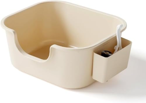 MLTUN MAKAN 大型の持ち出し防止半密閉式巨大猫用トイレ、スコップ付き、低い入り口、溢れ防止、オールインワンポータブルトイレボックス、お手入れ簡単、深型、子猫に最適、あらゆる種類の猫砂、ペット用品に最適 (ミルクコーヒー色+収納ボックス)