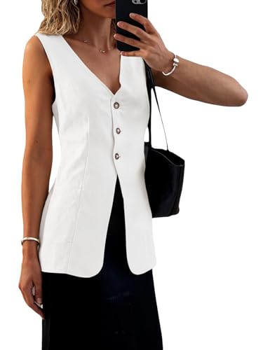 Mina Self 2025 Fall Women's Long Linen Vest Tops - Lightweight Breathable Fashion Fully-Lined Office Outerwear With Pockets