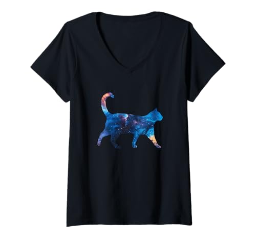 Womens Aesthetic Silhouette Stars Space Galaxy Cat V-Neck T-Shirt