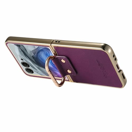 Image of for Motorola Razr 50 Ultra 5G Case Electroplating Leather Coated PC Phone Cover with Spring Ring Buckle Kickstand - Purple
