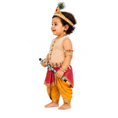 Image of Raj Fancy Dresses Luxury Krishna Pagri for Kids Boys & Girls | Bal Gopal Kanha Janmashtami Turban with 3 Mor Pankh & Pearl Work | Fancy Dress, School Function & Photoshoot Headgear | Only Pagri