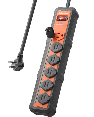 SURAIELEC 6-Outlet Surge Protector Power Strip, 1800J Surge Protection, Overmolded Rubber Housing, 14AWG 10FT Angled Flat Plug Cord for Workshop, Garage, Office, ETL Listed