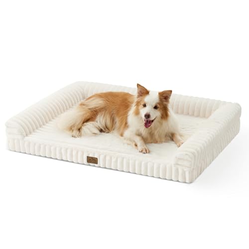 COZY KISS Orthopädisches Hundebett für Extra Große Hunde 110x80x17cm – Hundesofa mit Weichem Kunstfell & Cordbezug, Eierförmiger Kistenschaum, Ergonomischer Hundekorb, Abnehmbar & Waschbar, Creme, XL