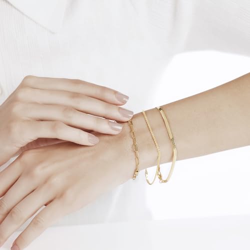 JTV Stackable Bracelets for Women – 18K Yellow Gold Over Sterling Silver – Herringbone, Paperclip & Crisscross Link Chains – Includes Elegant Gift (7.5", Set of 3)2