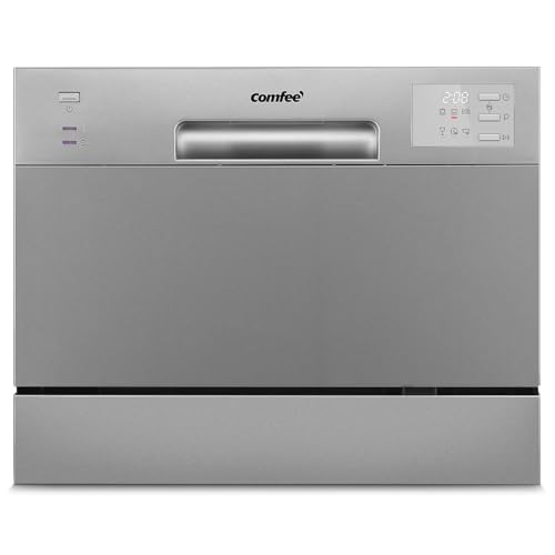 COMFEE' Lave-vaisselle Compact CDWMT0602ESD-EU Mini lave-vaisselle avec 6 couverts, 6 programmes, Clase D, écran LED, démarrage différé, cycle intensif H-TEMP à 70 °C, niveau sonore 47 dB - Argent