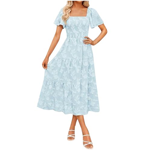 HGps8w Women's Puff Sleeve Maxi Dress - Boho Floral Print Summer Square Neck Tiered Ruffle A Line Long Flowy Beach Dresses