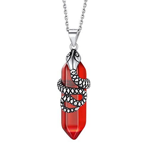Bestyle Sterling Silver Vintage Snake Wrap July Birthstone Ruby Crystal Necklace Gothic Snake Necklace Created Hexagonal Gemstone Pendant For Women Men cover
