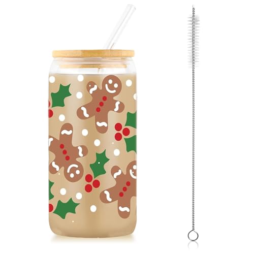 Calkkrer Decoración Navideña Taza de Vidrio para Hombre de Jengibre con Tapa y Pajita, Adorable Taza de Café Navideña de Vidrio, Taza Navideña con Tapa y Pajitas